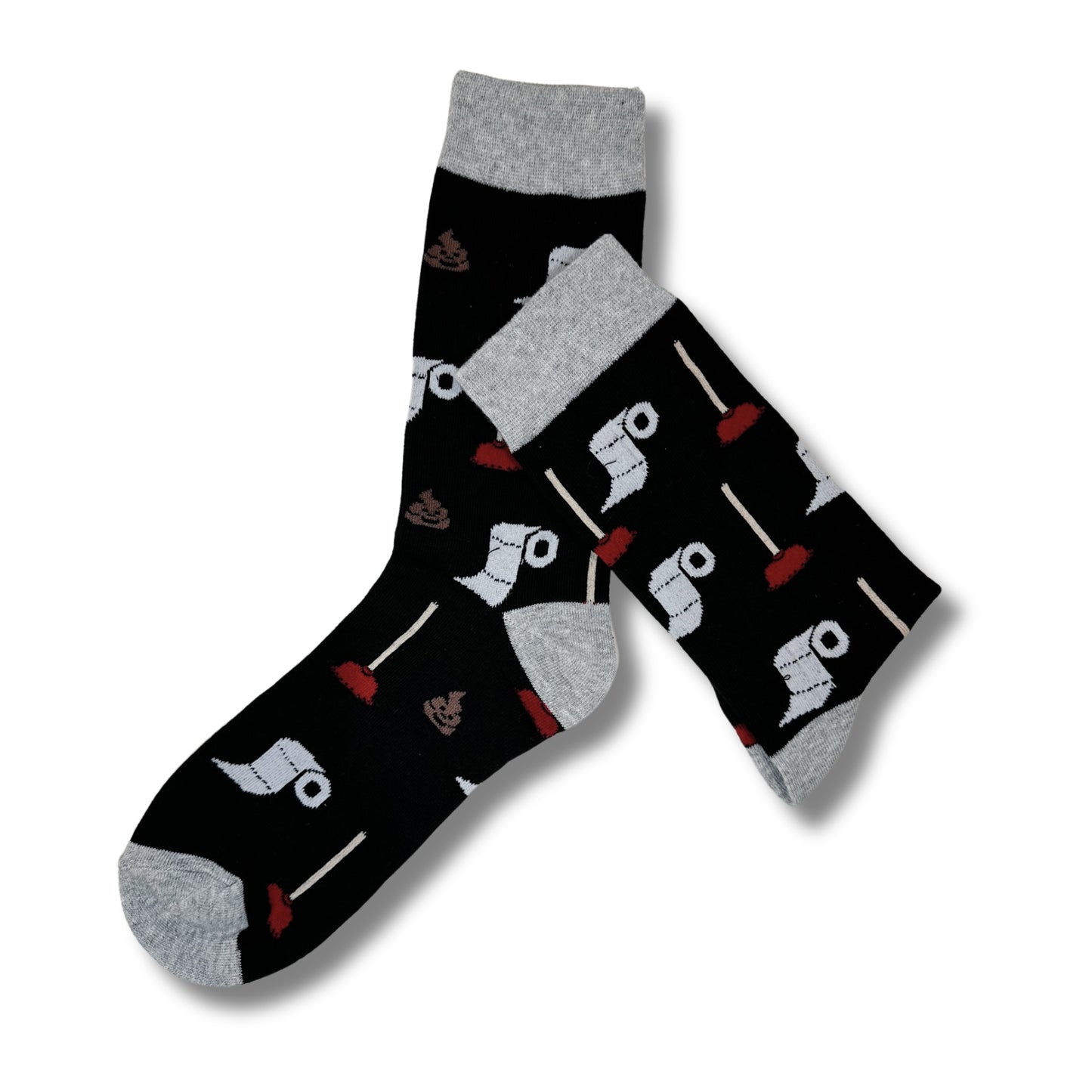 Pair of black toilet-themed crew socks crossed to show the full novelty pattern