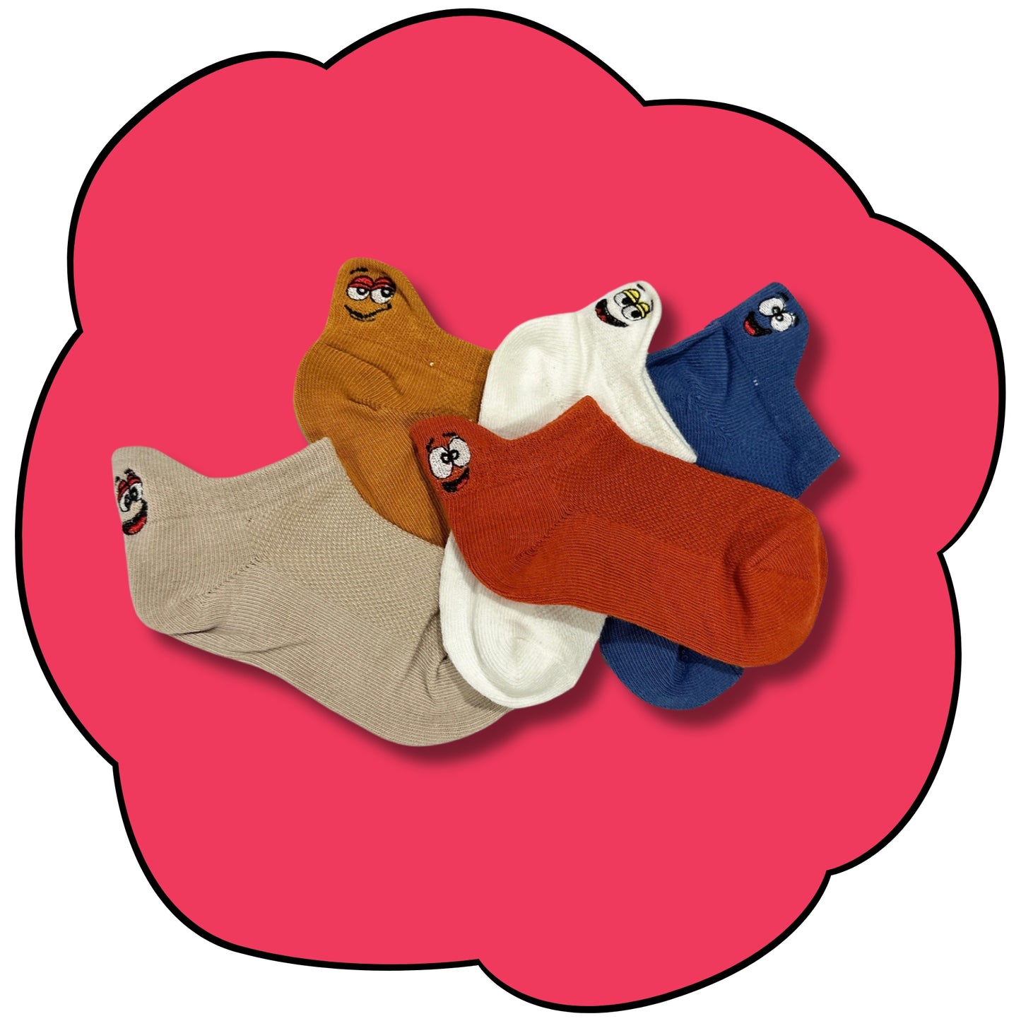Five kids character ankle socks overlapping on a bright pink flower background