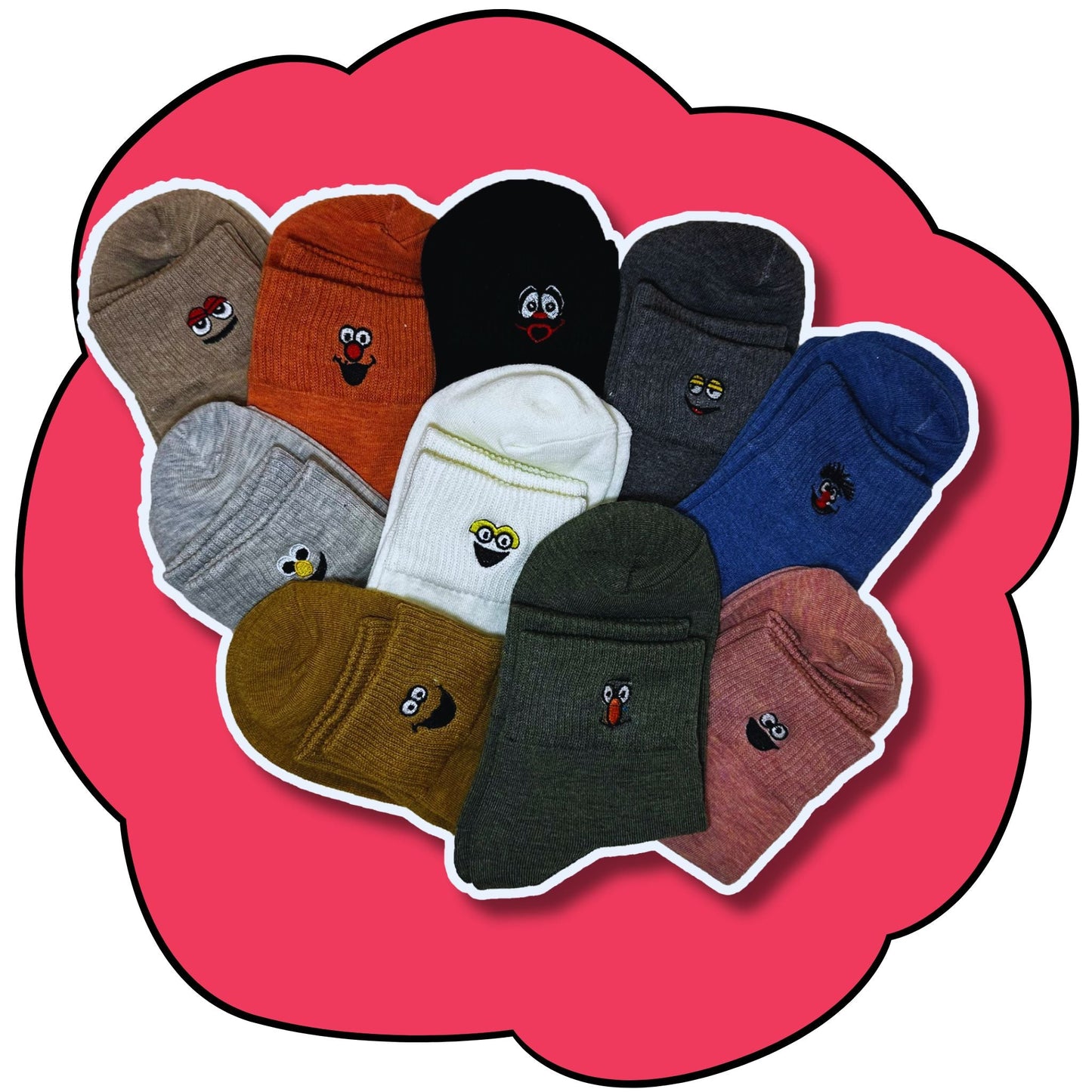 Ten rolled and folded crew socks arranged together with embroidered faces visible