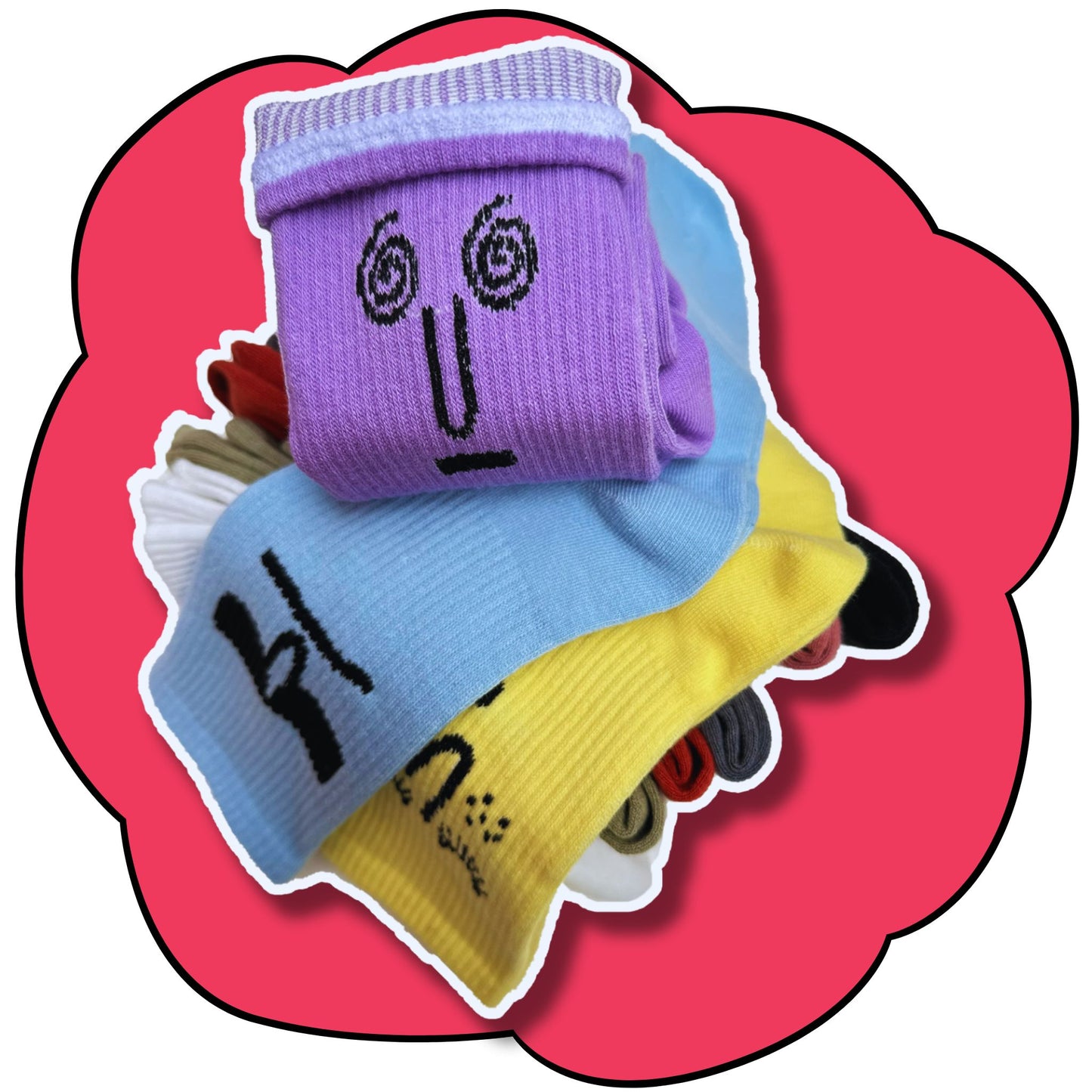 Stack of colourful mood face socks highlighting the purple spiral-eye design