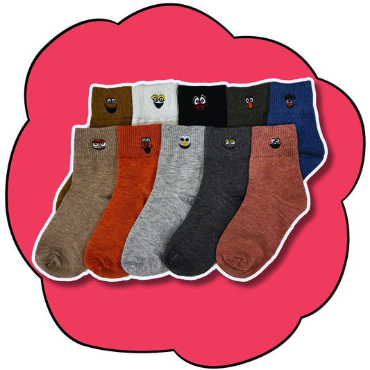 Ten colourful crew socks displayed in two rows with different embroidered character faces