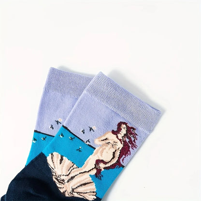 Close-up of two Birth of Venus art socks showing the lavender cuffs and knitted portrait design