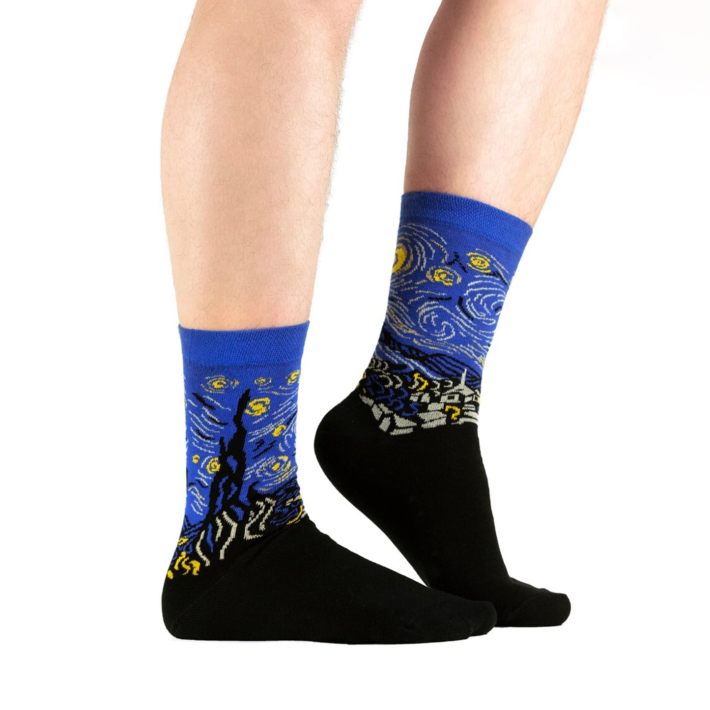 Starry Night art socks worn from the side to show the two complementary knitted designs