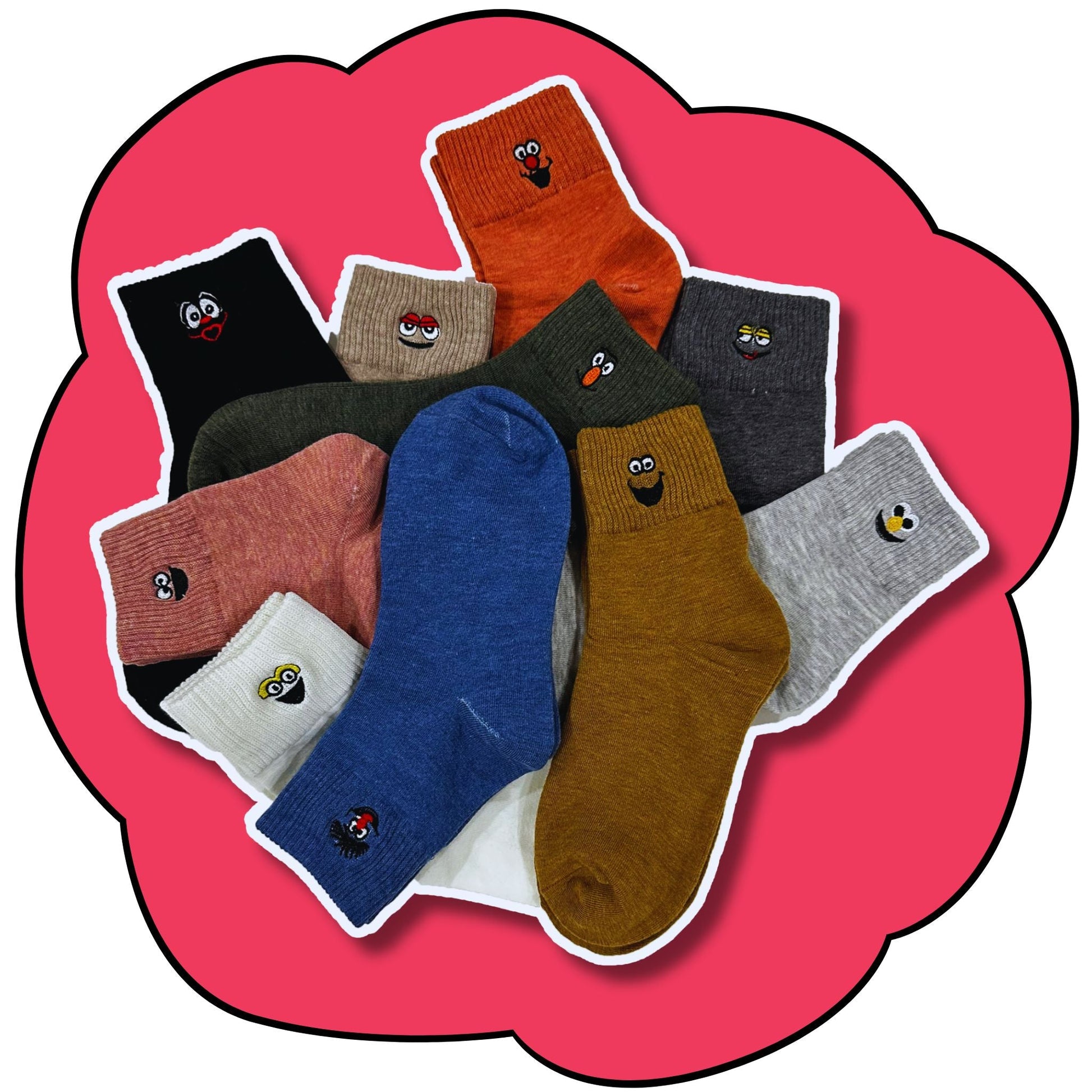 Ten assorted character crew socks overlapping on a bright pink flower background