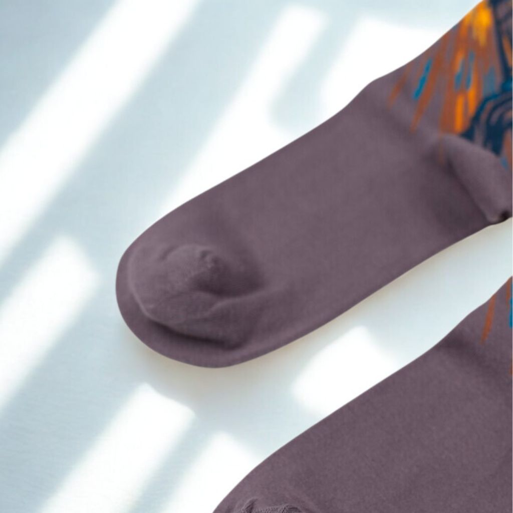 Close-up of the plain purple toe sections on The Scream crew socks