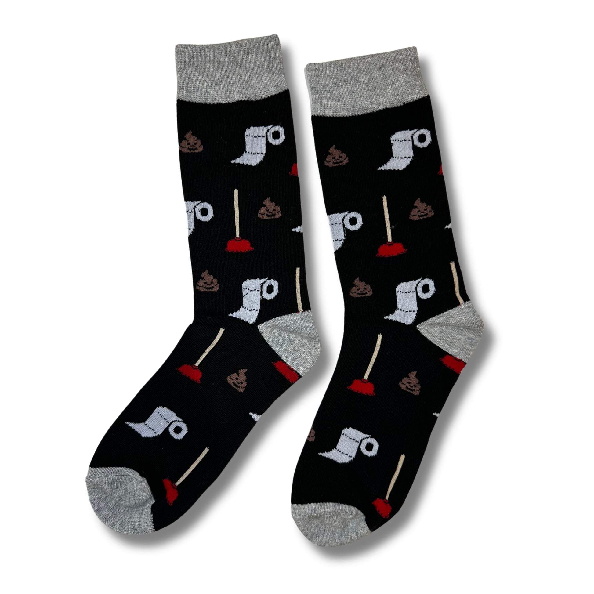 Pair of black Potty Party crew socks with toilet paper, plungers and poop illustrations