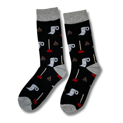 Pair of black Potty Party crew socks with toilet paper, plungers and poop illustrations