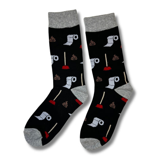 Pair of black Potty Party crew socks with toilet paper, plungers and poop illustrations
