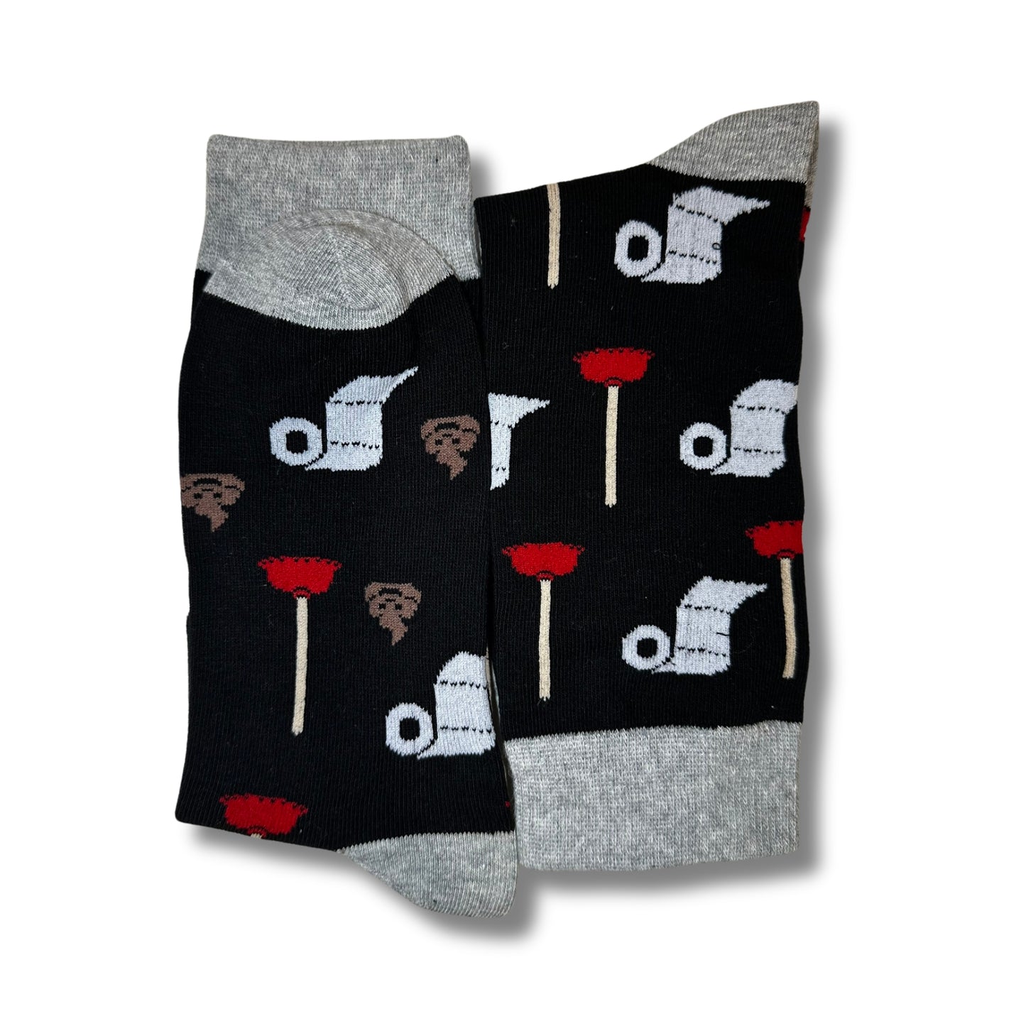 Black novelty toilet socks folded together with grey cuffs, heels and toes