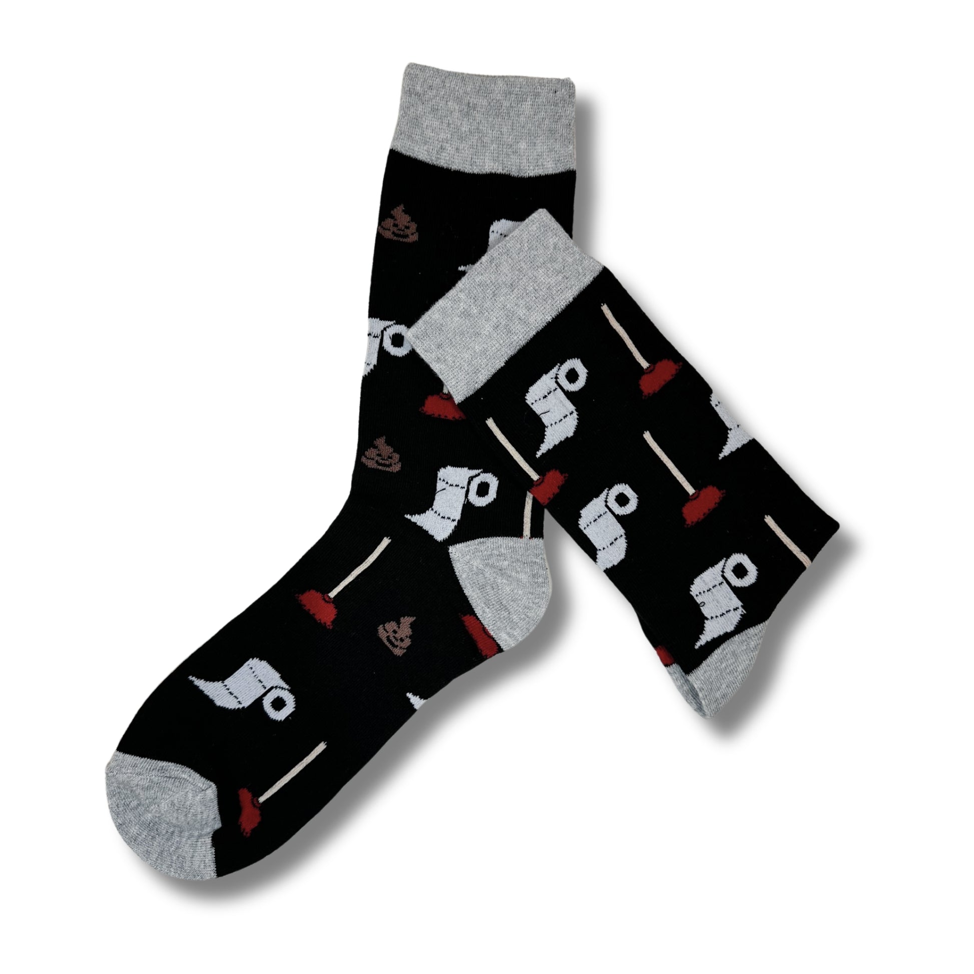 Pair of black toilet-themed crew socks crossed to show the full novelty pattern