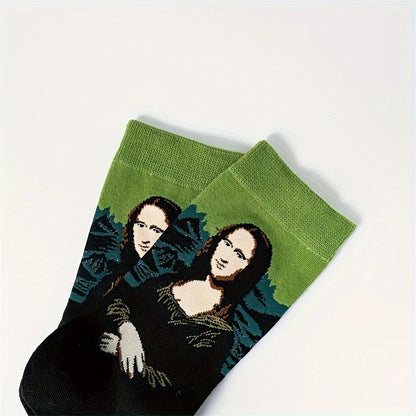Pair of black and green Mona Lisa art socks overlapping on a white background
