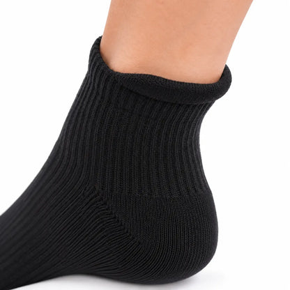 Close-up of the ribbed ankle cuff and shaped heel on a black compression sock