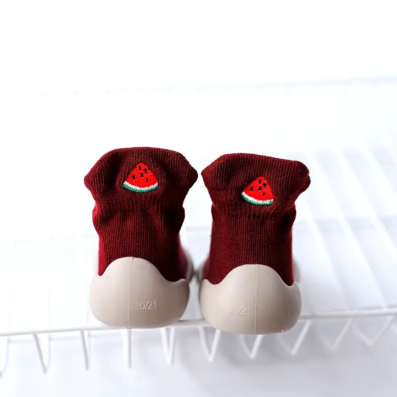 Burgundy Mini Walker sock shoes with embroidered watermelon designs and flexible grey soles