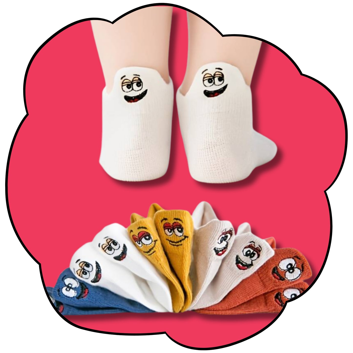 Five-pack of colourful kids ankle socks with embroidered character faces on a pink flower background