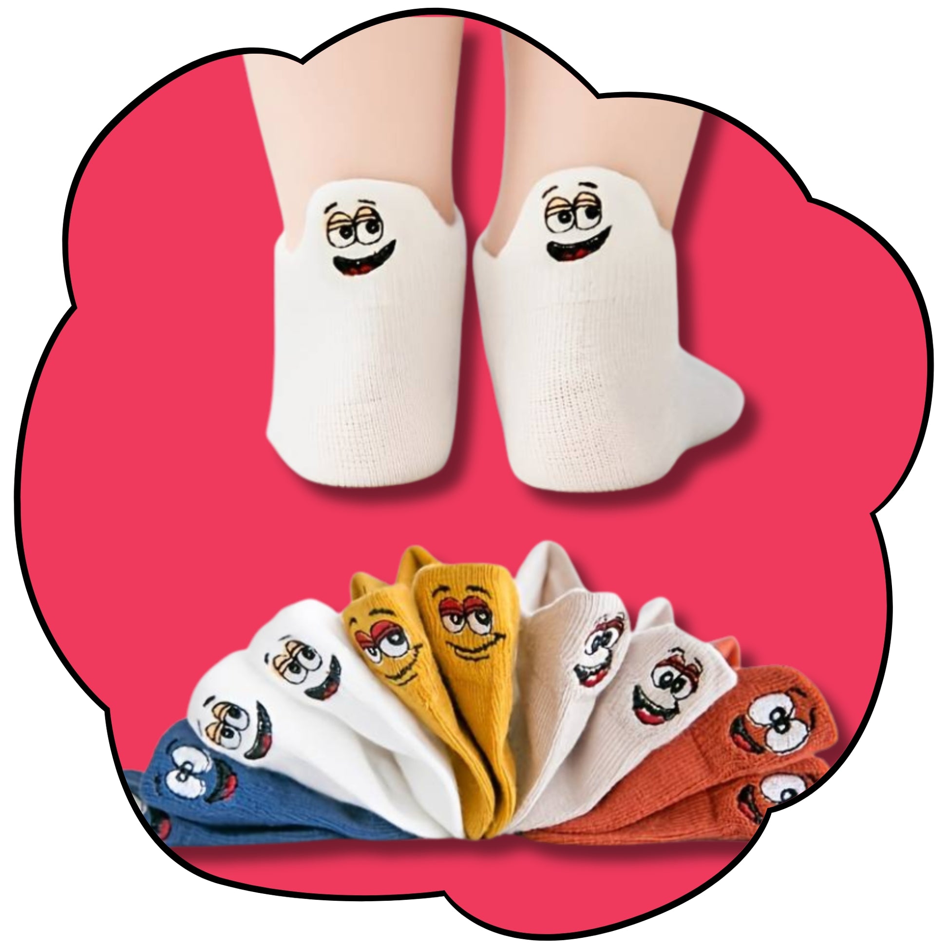 Five-pack of colourful kids ankle socks with embroidered character faces on a pink flower background