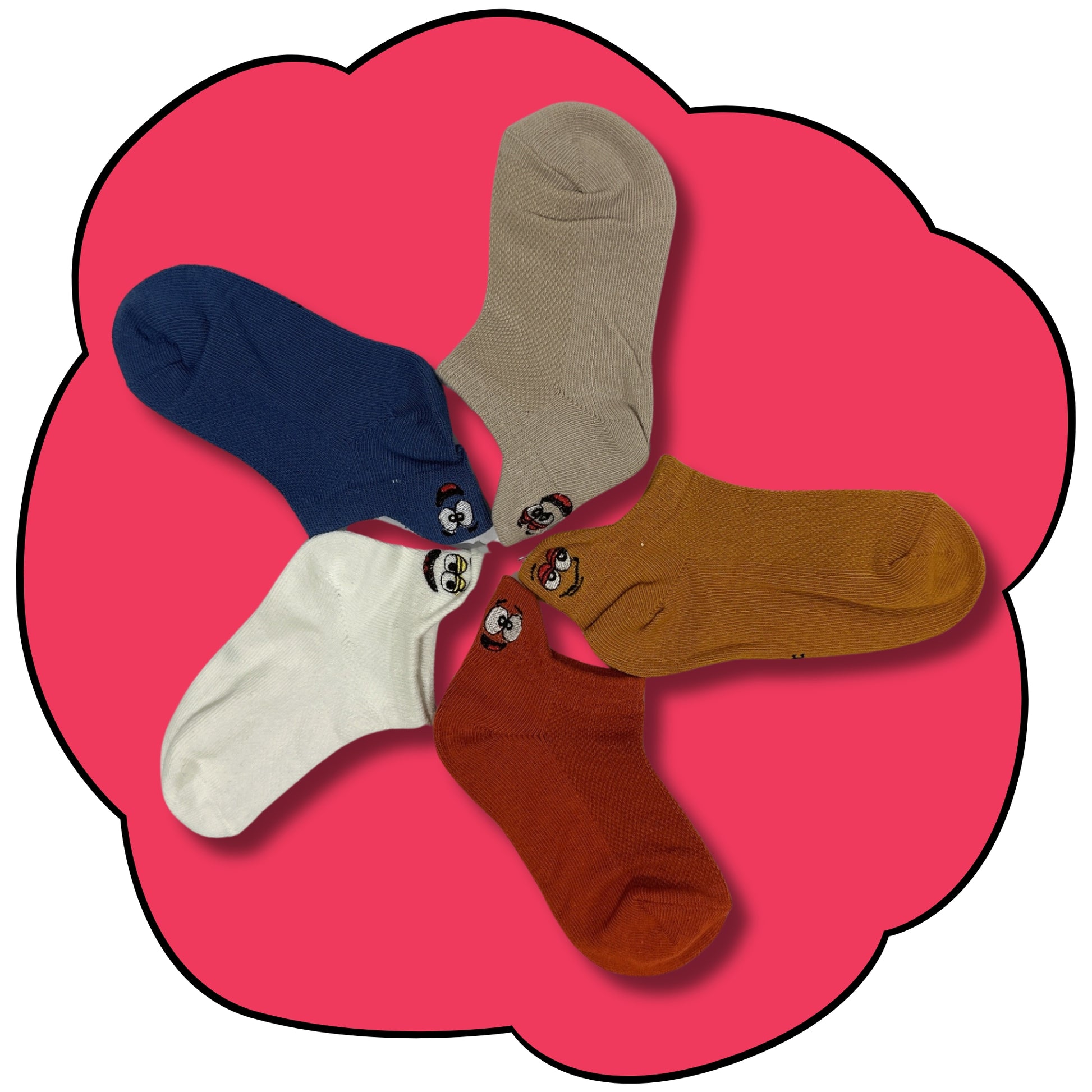 Five kids ankle socks arranged in a circle in blue, white, mustard, beige and orange