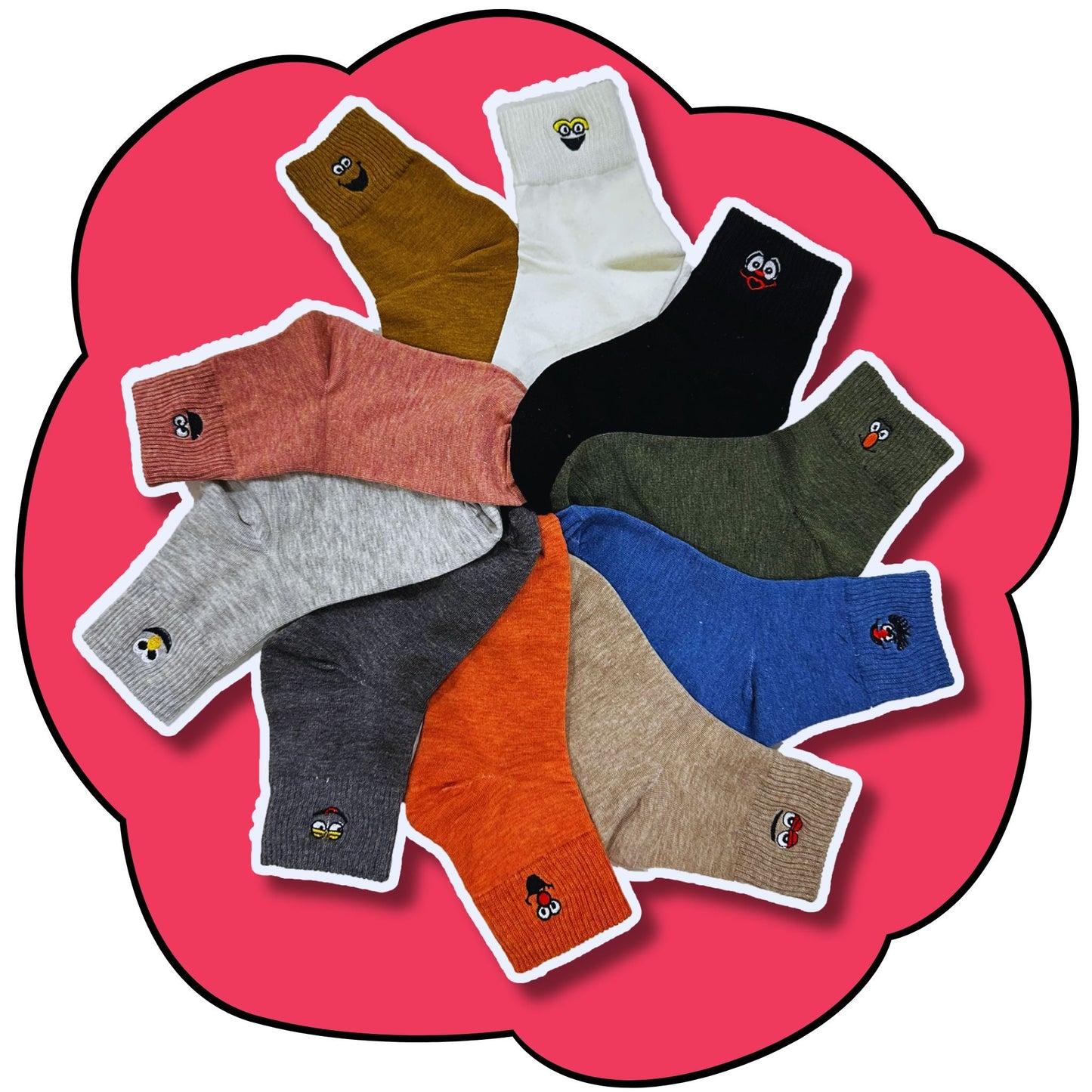 Ten colourful character crew socks arranged in a circular fan on a pink background