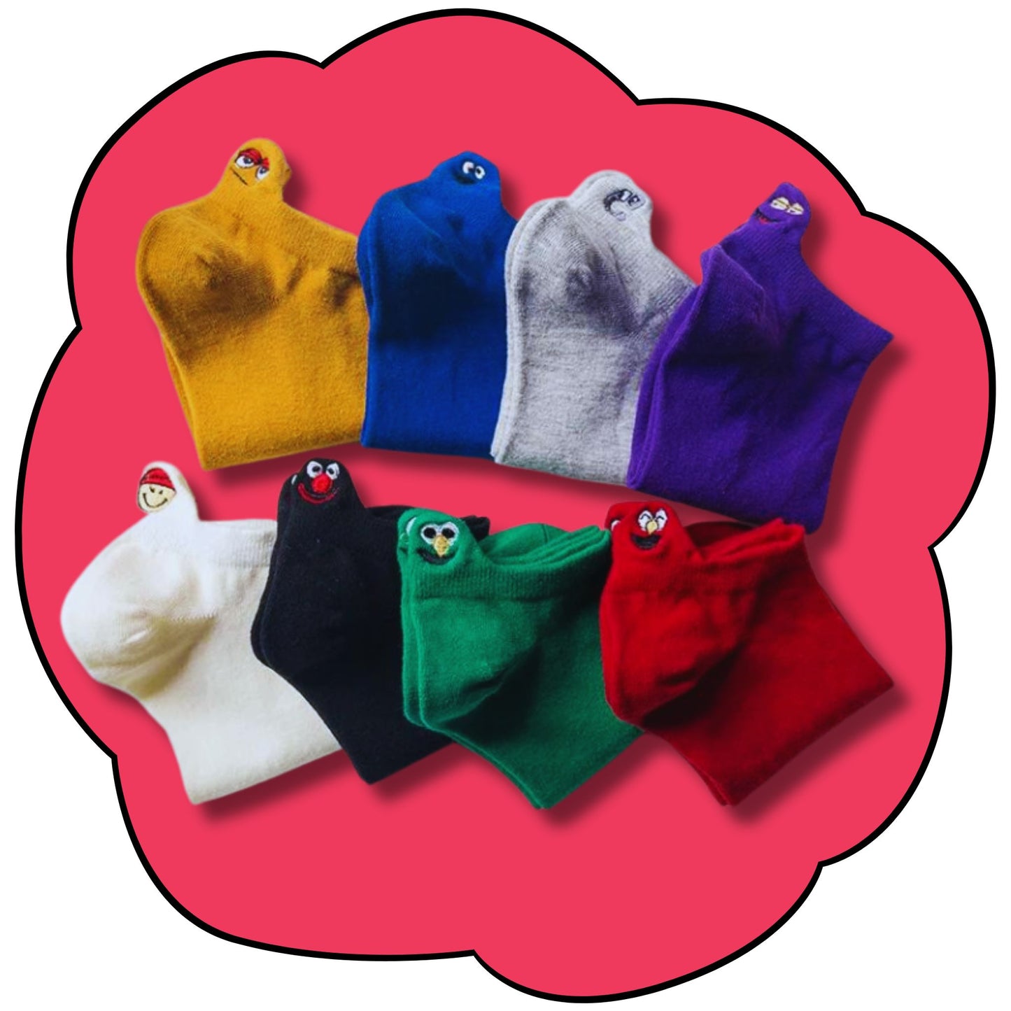 Eight colourful Smiley Sox ankle socks folded to show their embroidered character faces