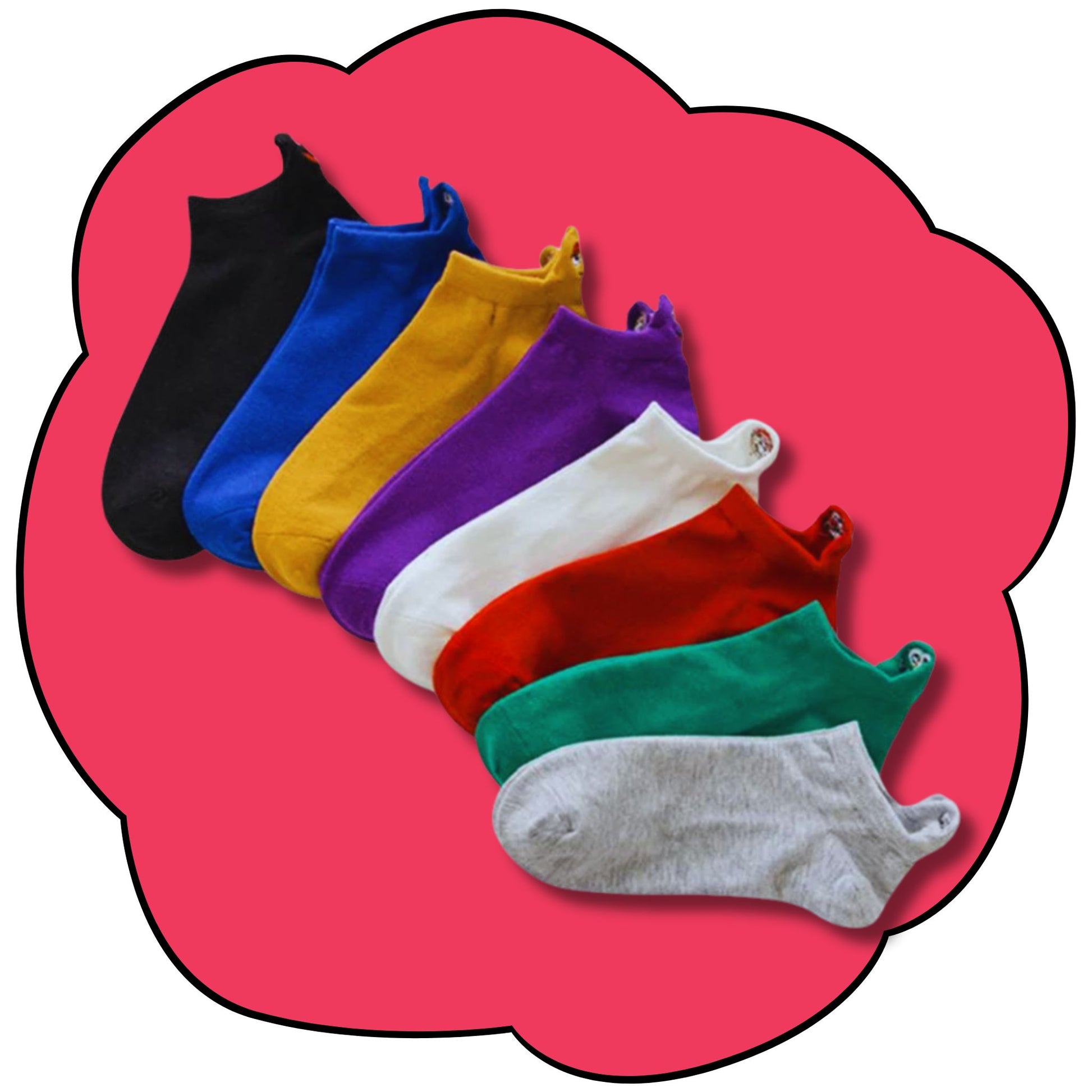 Eight colourful low-cut socks fanned out to show their full shape and embroidered heel characters