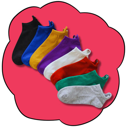 Eight colourful low-cut socks fanned out to show their full shape and embroidered heel characters