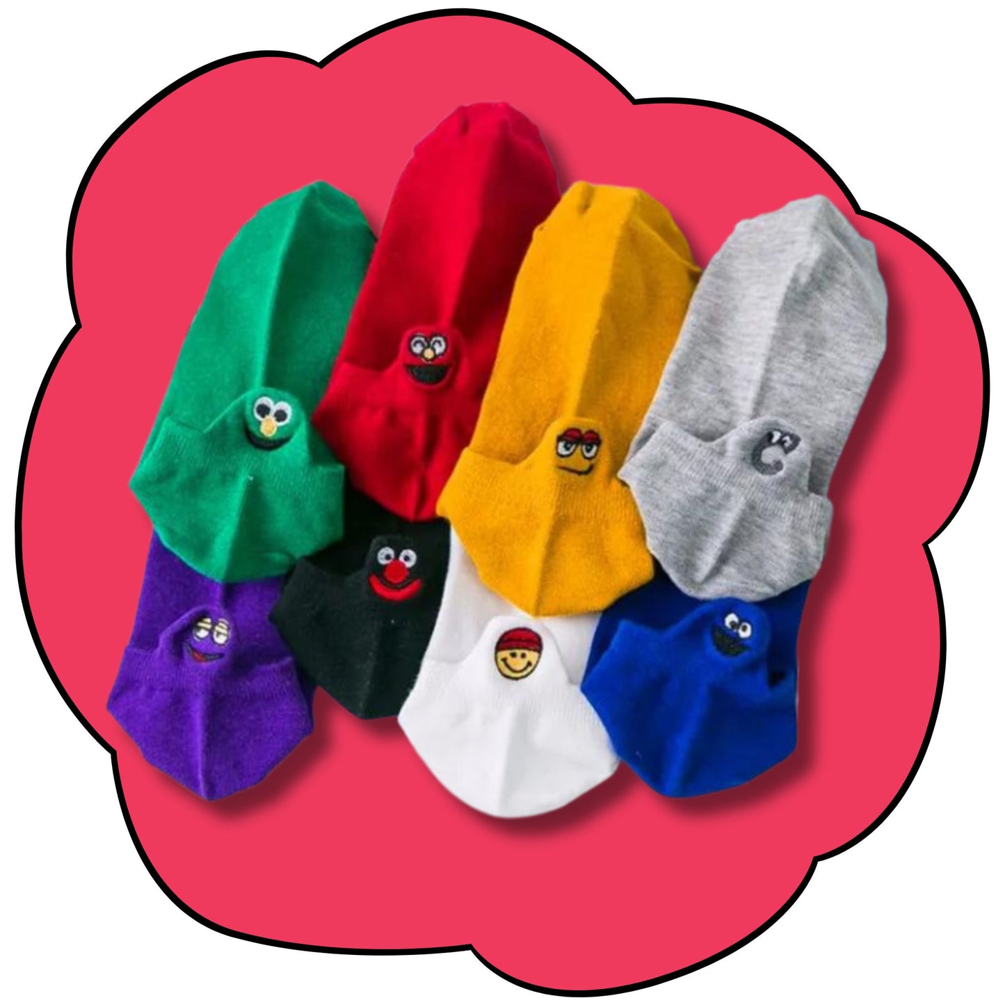 Eight vibrant character ankle socks overlapping on a bright pink flower background