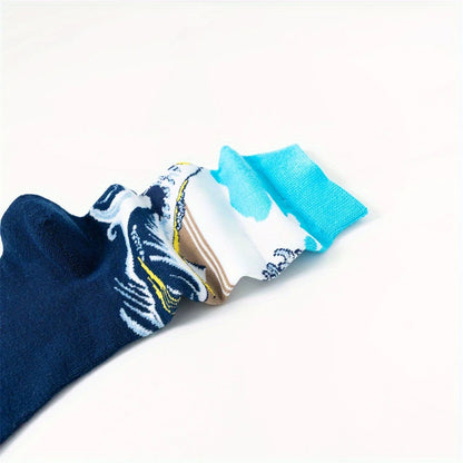 Great Wave art sock loosely folded to show the knitted wave design and turquoise cuff
