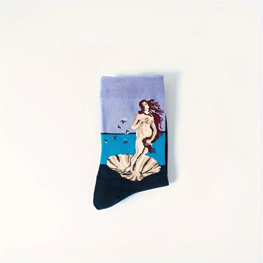 Single folded Birth of Venus crew sock with lavender, turquoise and navy colour blocking