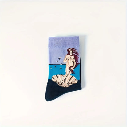 Single folded Birth of Venus crew sock with lavender, turquoise and navy colour blocking