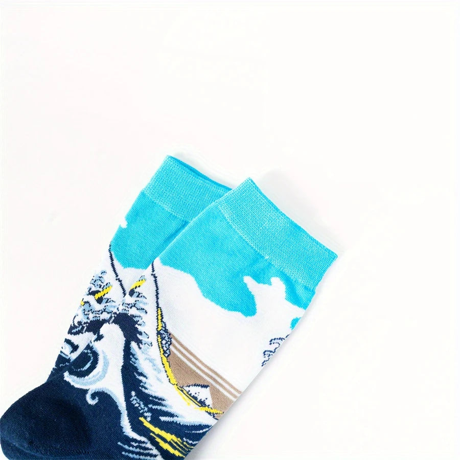 Close-up of two Great Wave of Kanagawa socks overlapping on a white background