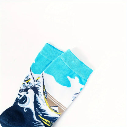 Close-up of two Great Wave of Kanagawa socks overlapping on a white background