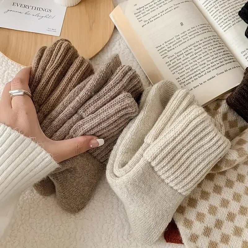 Close-up of beige and cream cashmere wool socks showing their thick ribbed cuffs and soft knit