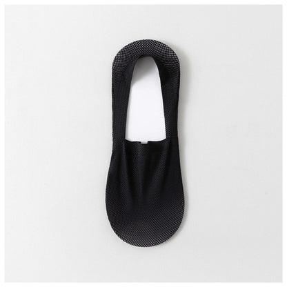 Single black invisible sock laid flat to show its low-cut shape and breathable mesh fabric