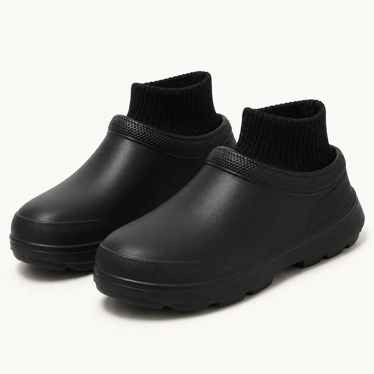 Close-up of the soft ribbed fleece lining and water-resistant outer shell of a white clog