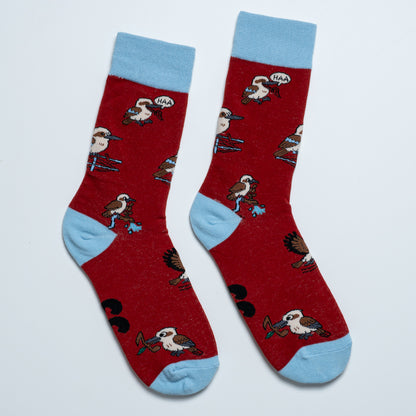 Pair of red kookaburra socks laid side by side with playful laughing bird illustrations