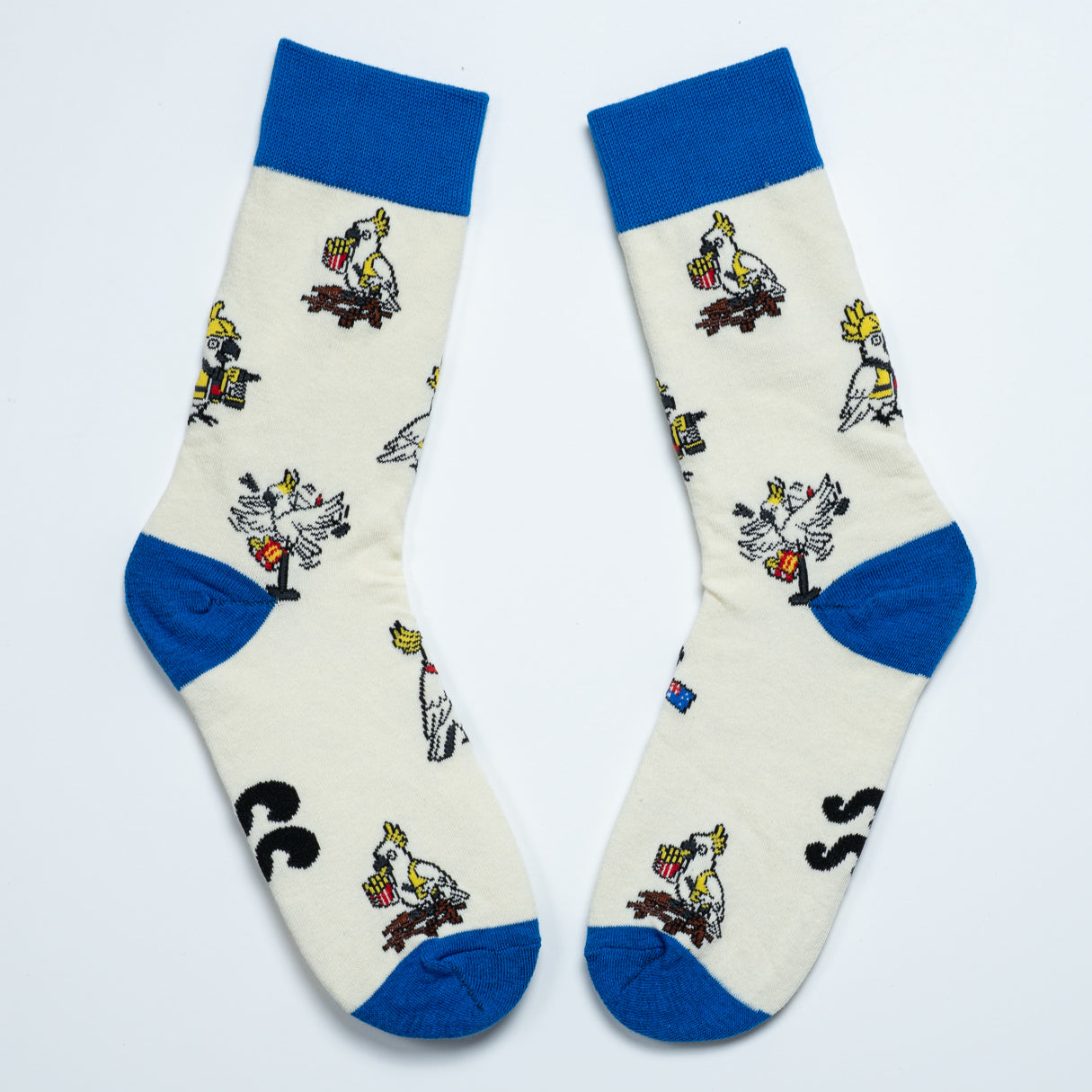 Pair of cream Australian cockatoo socks laid diagonally with bright blue cuffs and toes