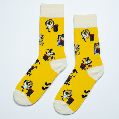 Pair of yellow Bin Chicken Sox featuring Australian ibis, wheelie bins and a do not feed sign