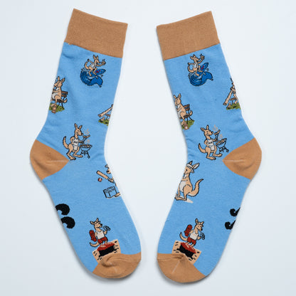 Pair of blue kangaroo crew socks with tan cuffs, heels and toes arranged heel to heel
