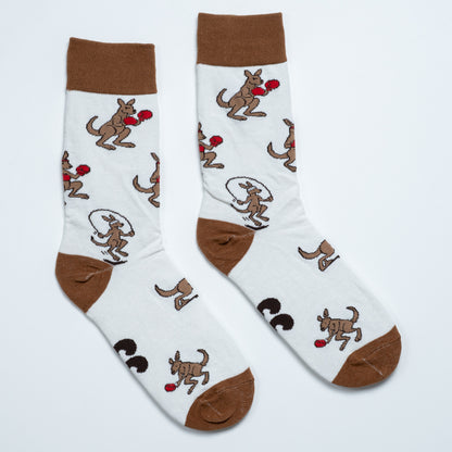Pair of white Boxing Roo Sox featuring kangaroos wearing red boxing gloves