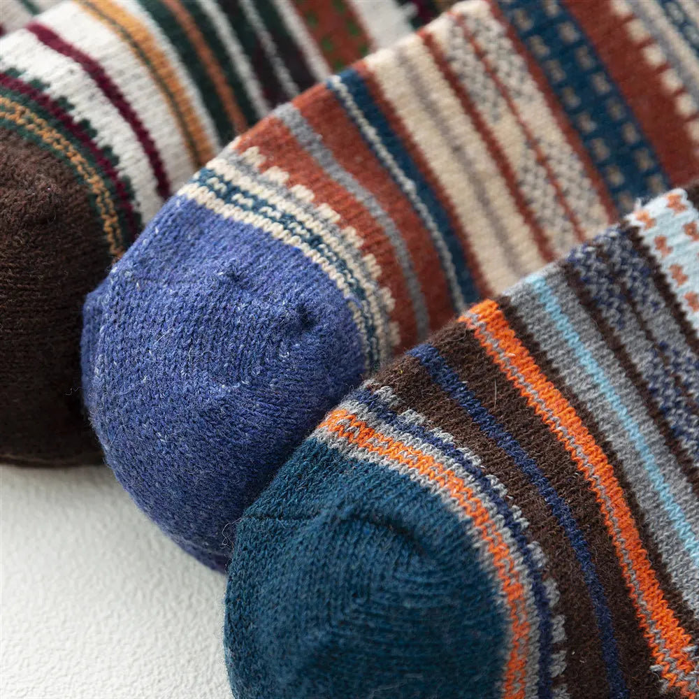 Close-up of the reinforced blue, teal and brown toes on patterned wool blend socks