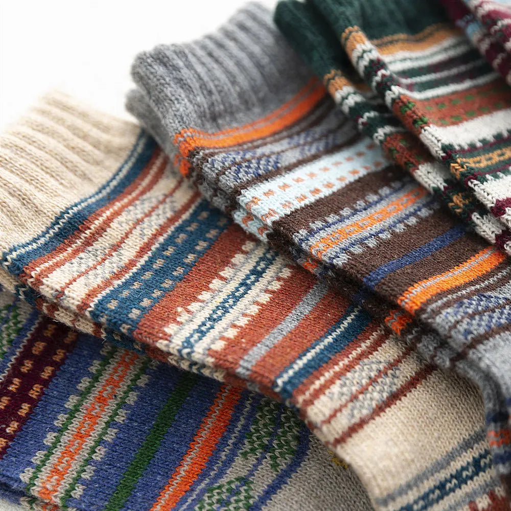 Close-up of the thick patterned knit and ribbed cuffs on Toasty Threads winter socks