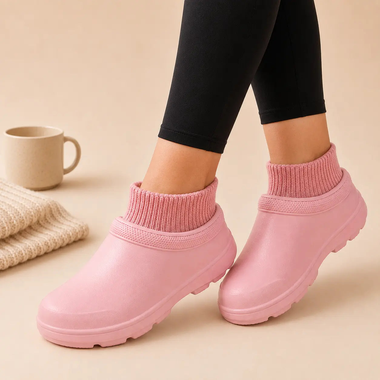Woman wearing pink fleece-lined slip-on clogs with black leggings indoors