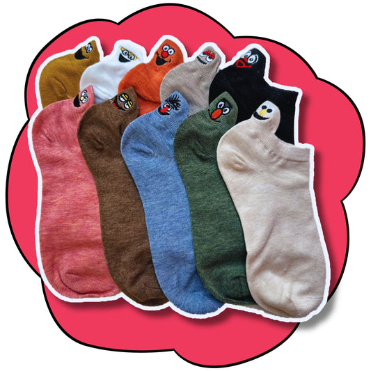 Smiley Sox 10 Colour Pack ankle socks in assorted colours with embroidered character faces