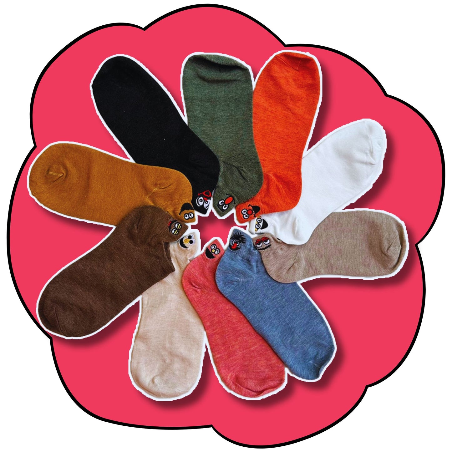 Ten colourful character ankle socks arranged in a circle on a pink flower background