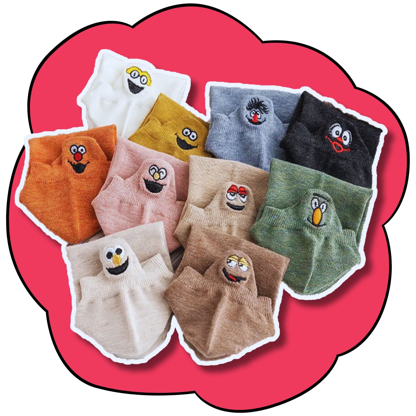 Ten pairs of colourful ankle socks stacked with embroidered character faces visible