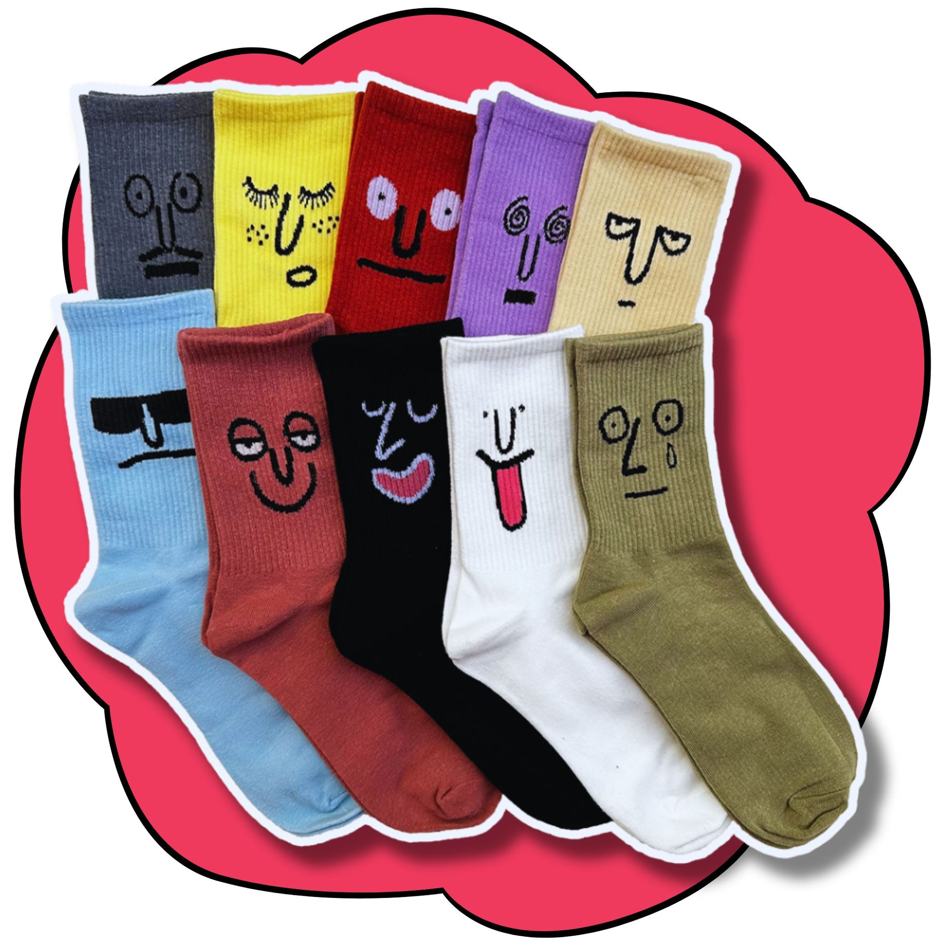 Smiley Sox 10 Mood Pack crew socks in assorted colours with expressive knitted faces