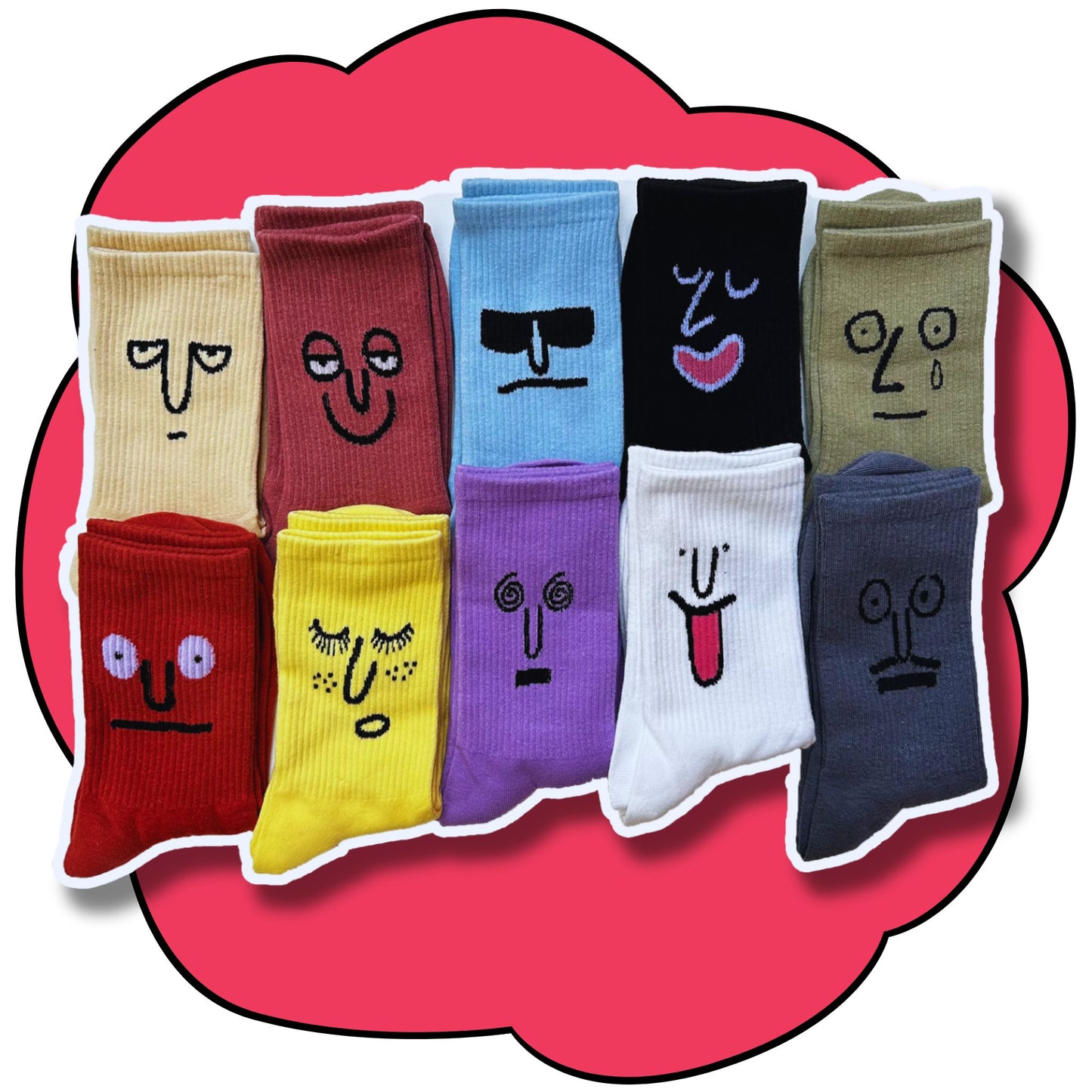 Ten colourful crew socks displayed in two rows with different embroidered facial expressions