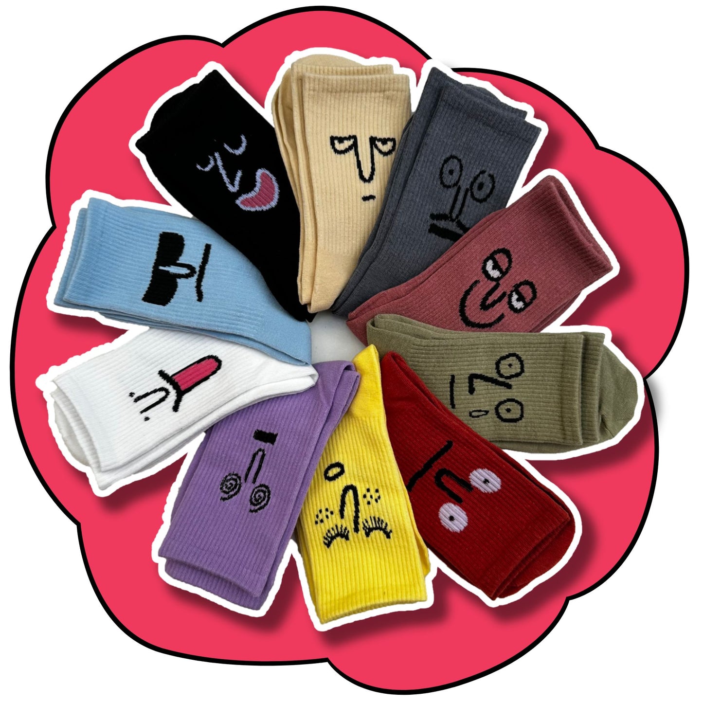 Ten mood face socks arranged in a circular fan in bright and neutral colours