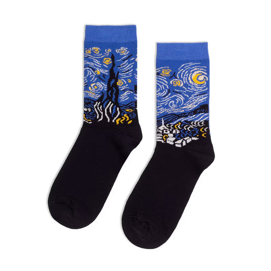 Pair of blue and black Starry Night art crew socks laid flat on a white background
