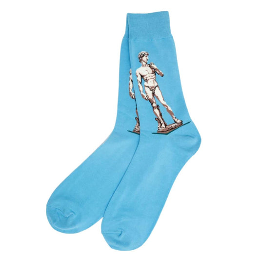 Pair of blue crew socks featuring Michelangelo’s David statue on a white background