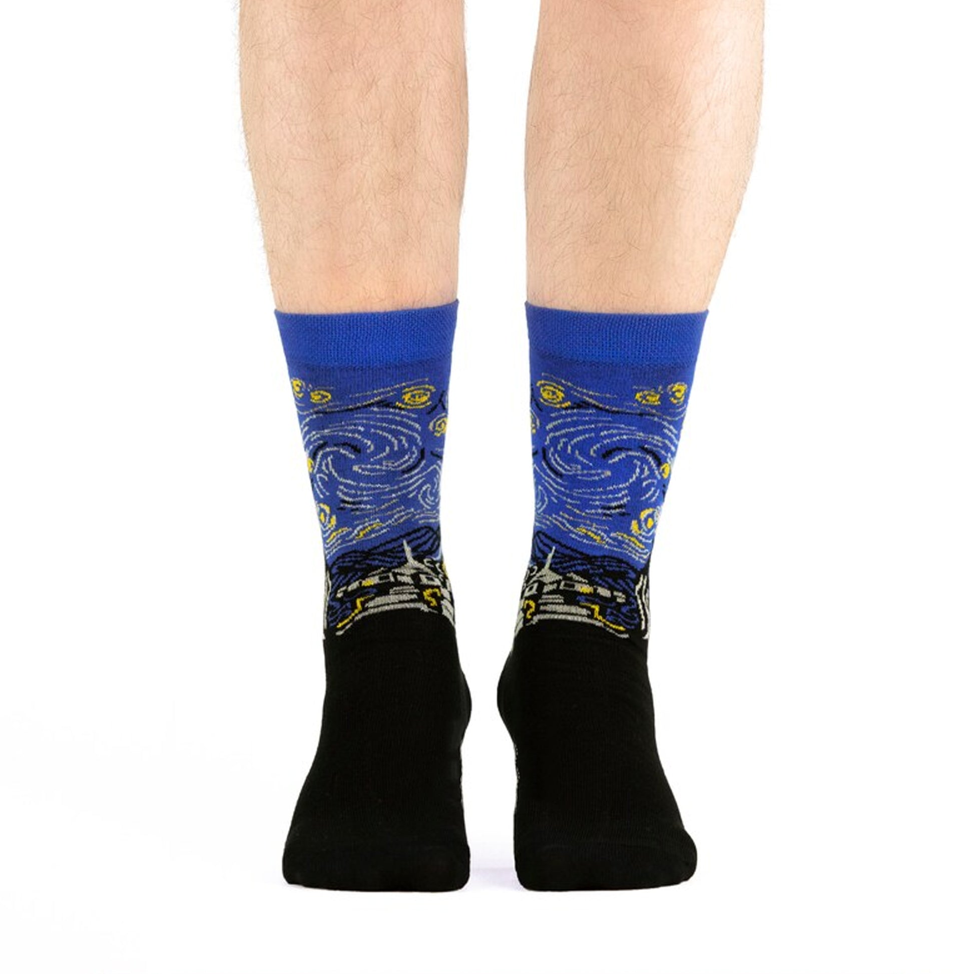 Starry Night crew socks worn from the front against a white studio background